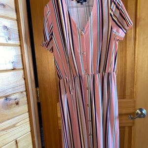 Long Pink Striped Dress With Buttons